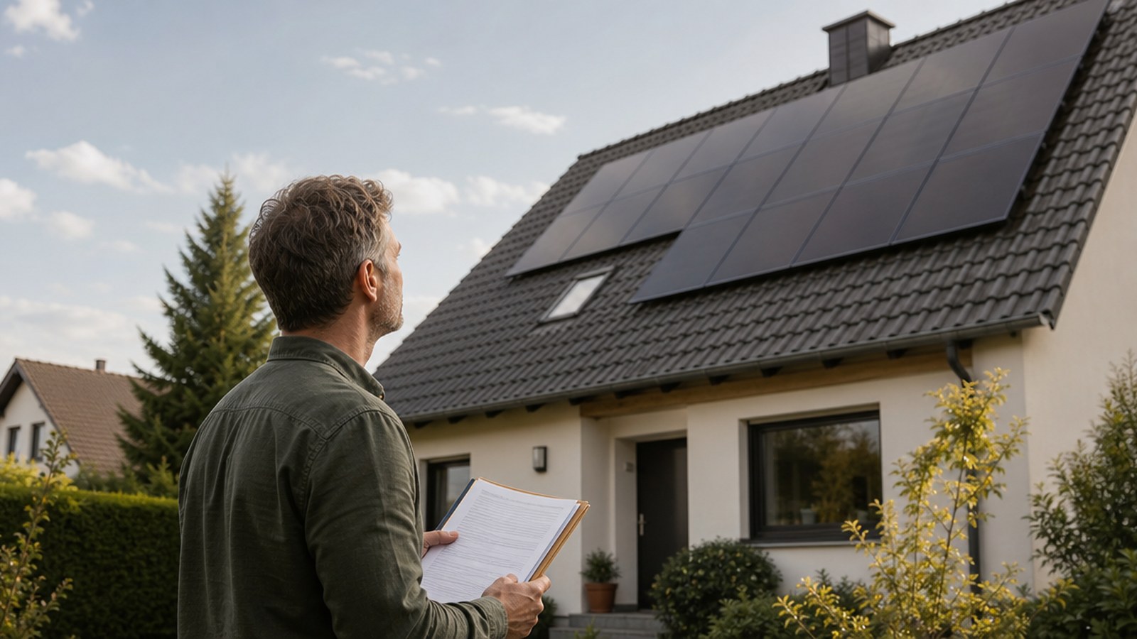 Photovoltaik-Anlage auf einem deutschen Hausdach im warmen Tageslicht