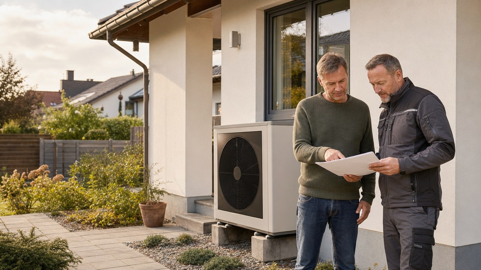 Hausbesitzer prüft die Kosten einer Wärmepumpe vor einem deutschen Einfamilienhaus