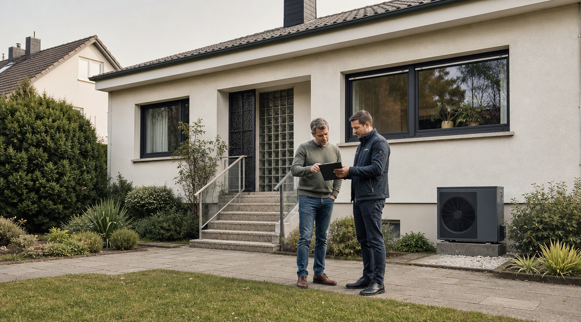 Hausbesitzer bespricht die Eignung einer Wärmepumpe für einen Altbau mit einem Heizungsberater vor einem Einfamilienhaus.