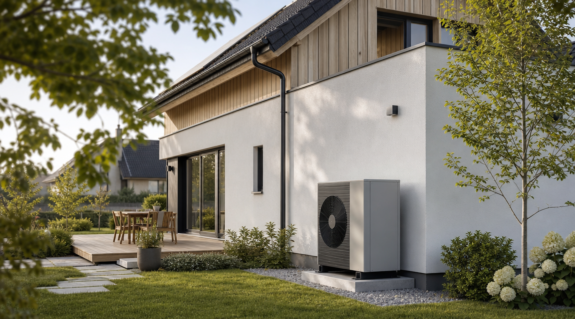 Außeneinheit einer Wärmepumpe an einem modernen Einfamilienhaus in Bayern