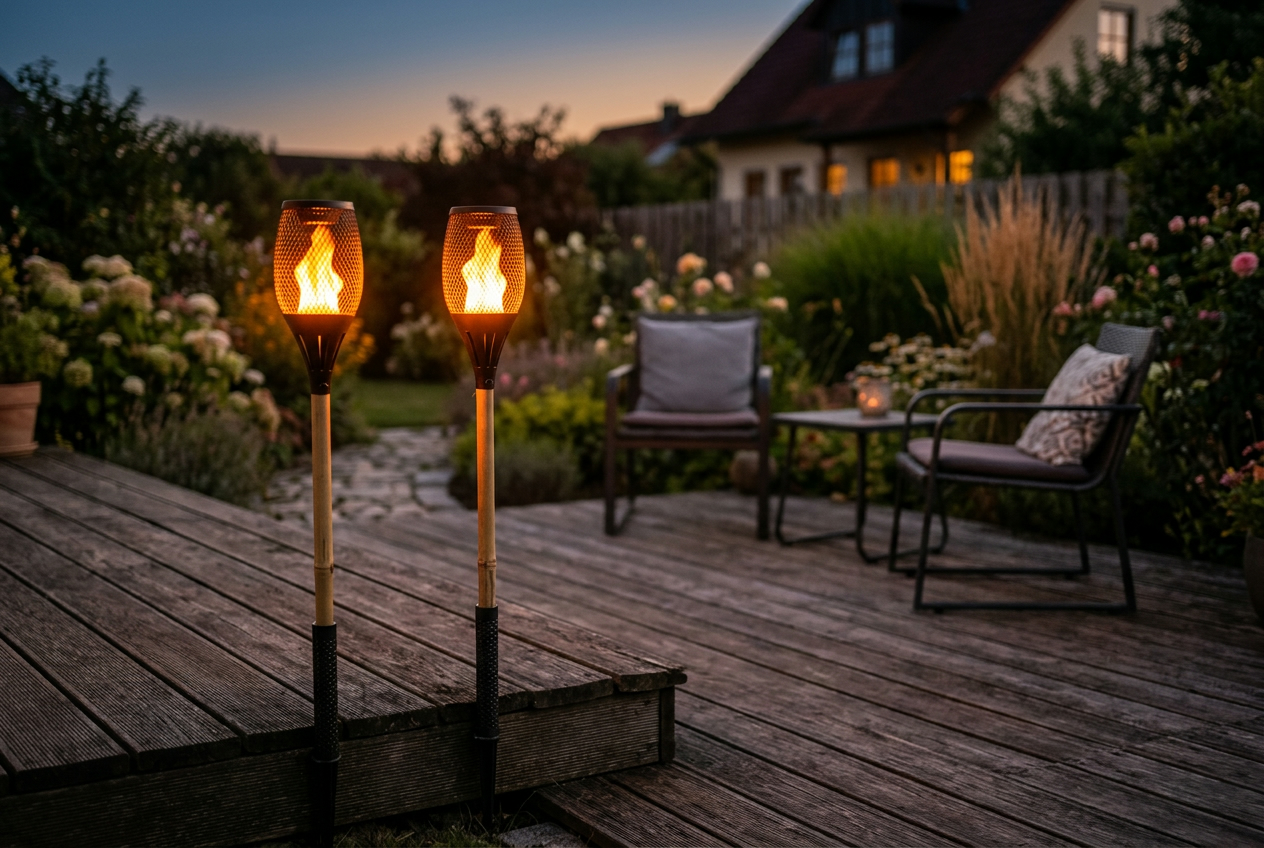 Zwei Solarfackeln mit Flammeneffekt am Rand einer Holzterrasse