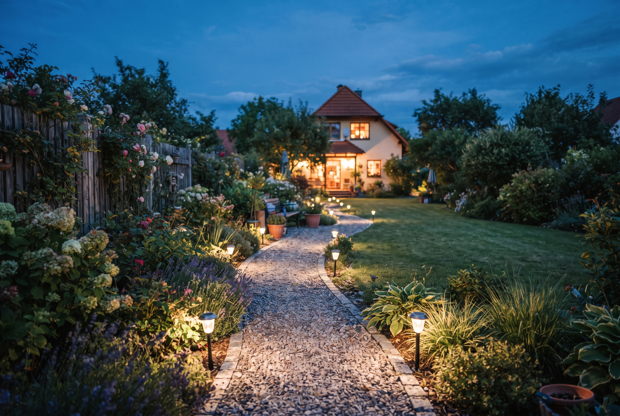 Solarleuchten Garten: warmweißer Gartenweg in der Abenddämmerung.