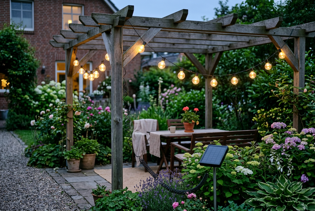Solar-Lichterkette mit Glühbirnen über einer Holzpergola