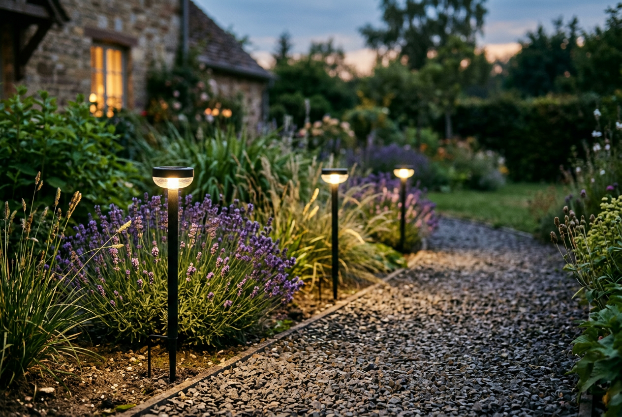 Solar-Wegeleuchten an einem Kiesweg mit Lavendel am Abend