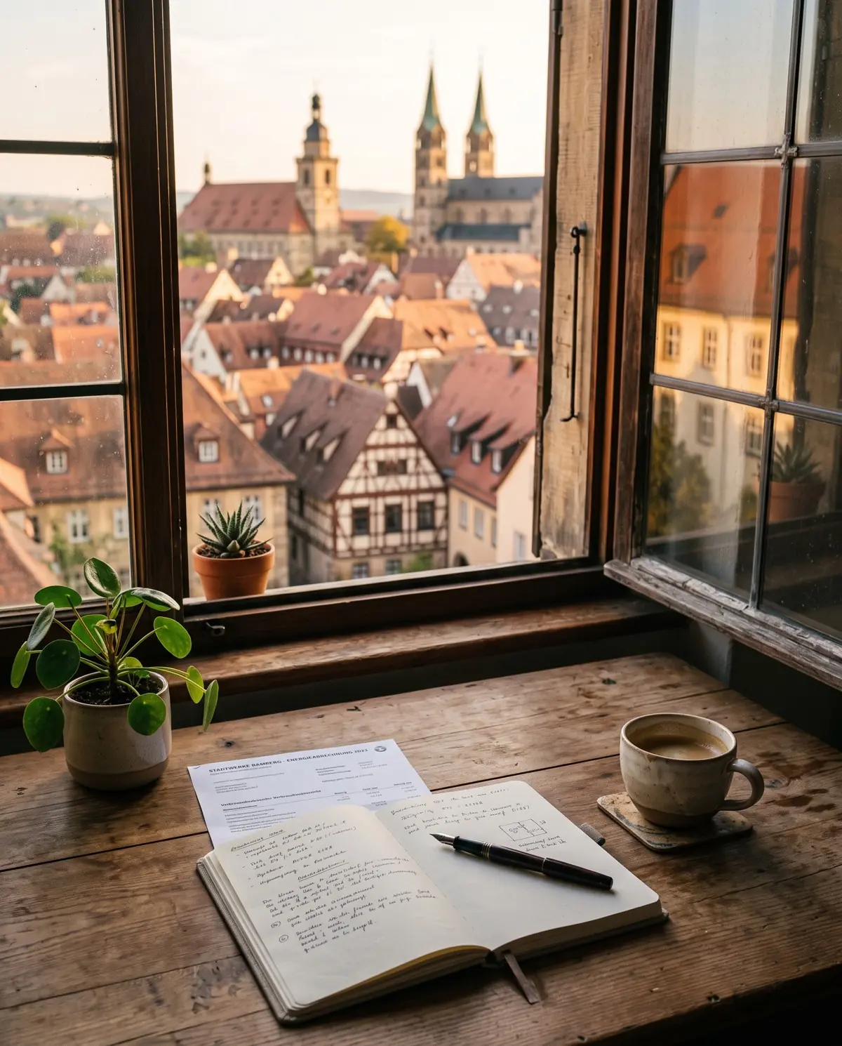 Schreibtisch am offenen Fenster mit Notizbuch, Stromrechnung und Kaffee, Blick auf Bambergs Altstadt im Abendlicht.