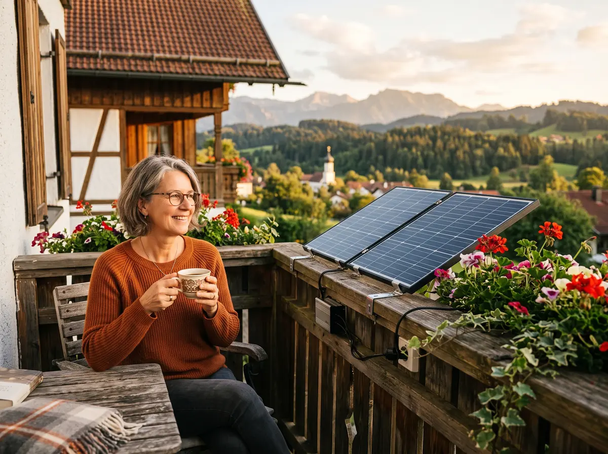 Balkonkraftwerk mit zwei Solarmodulen am Geländer, Frau genießt Kaffee auf dem Balkon eines Einfamilienhauses