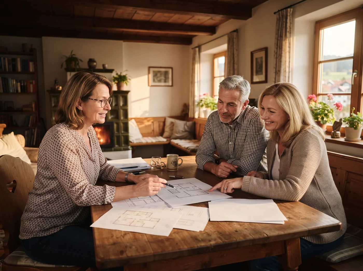 Energieberaterin und Paar am Esstisch mit Sanierungsplänen und Broschüren, Wohnzimmer mit Holzbalken.