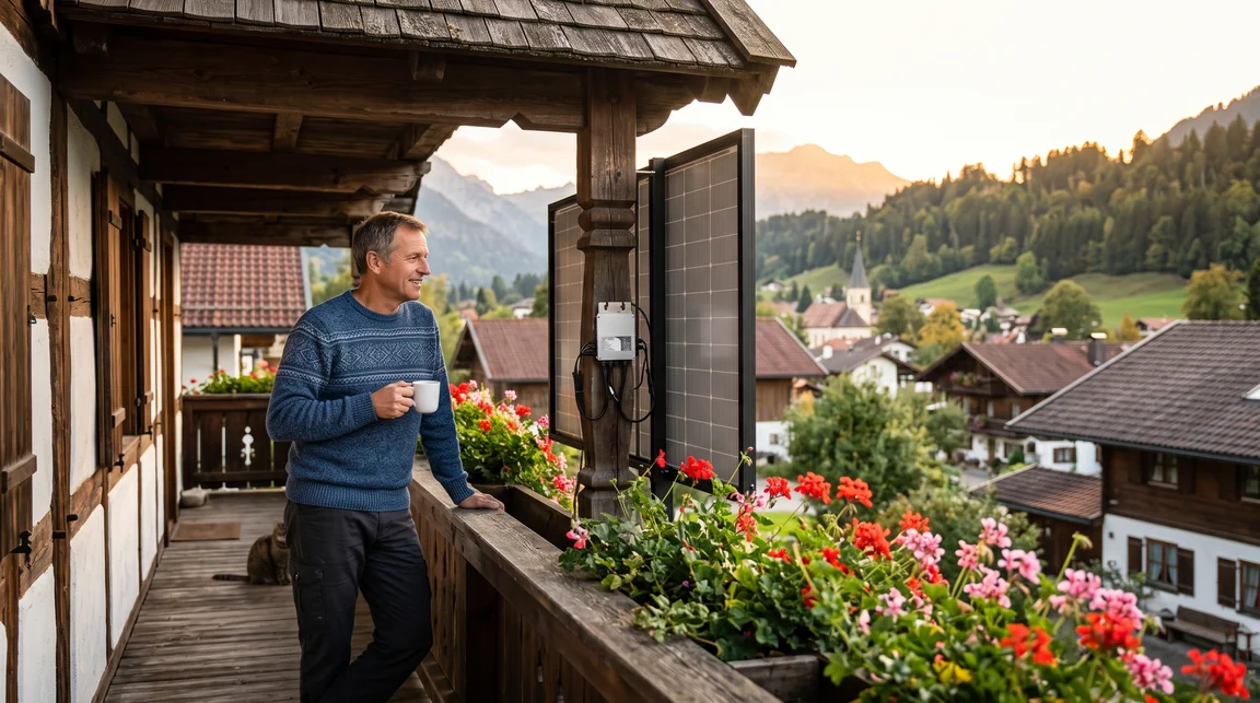 Balkonkraftwerk mit Solarmodulen an einem Hausbalkon in Bayern im warmen Nachmittagslicht
