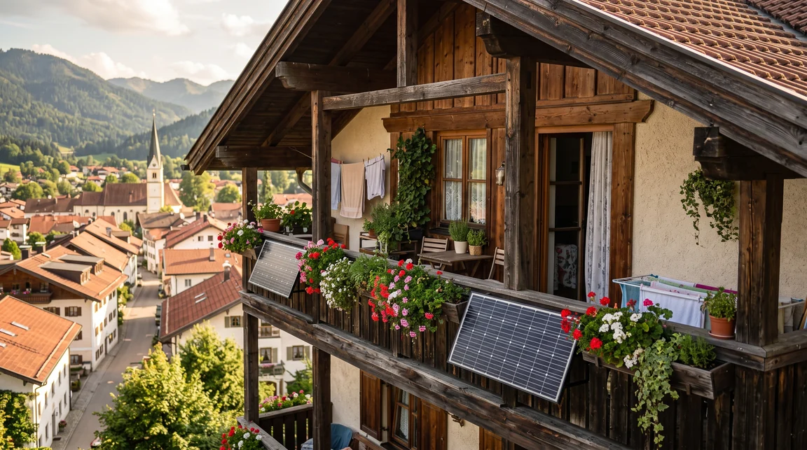 Balkonkraftwerk an einem bayerischen Balkon im warmen Nachmittagslicht