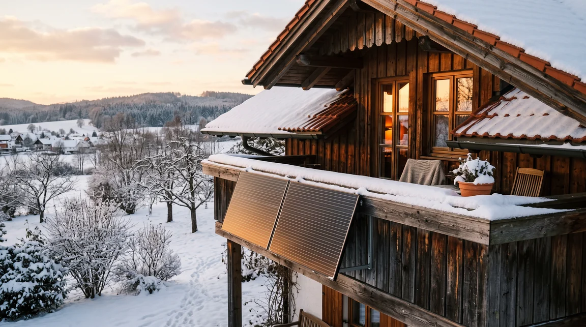 Balkonkraftwerk mit Solarmodulen an einem Balkongeländer im Winterlicht