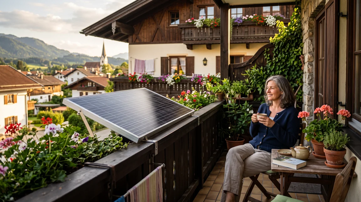 Balkon einer Mietwohnung in Bayern mit montiertem Solarpanel am Geländer im warmen Nachmittagslicht