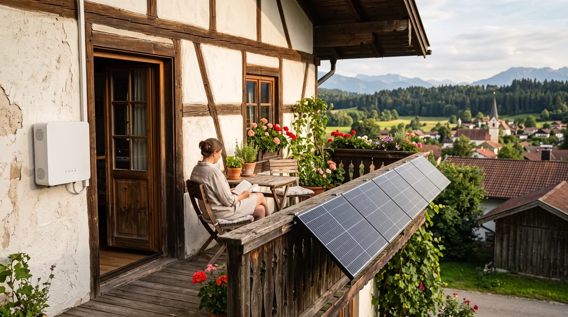 Balkon mit Solarmodulen und kleinem Stromspeicher an der Wand, warmes Licht, Bayern