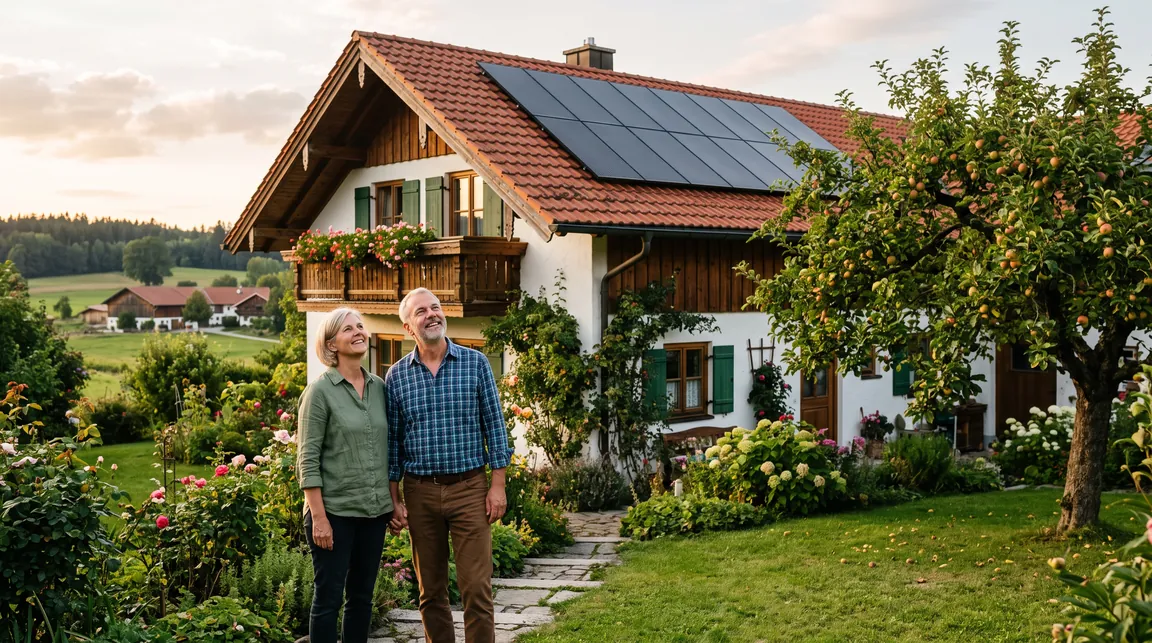Photovoltaik Förderung 2026: Ehepaar genießt im bayerischen Garten den Anblick neuer Solarmodule auf dem Ziegeldach seines Einfamilienhauses