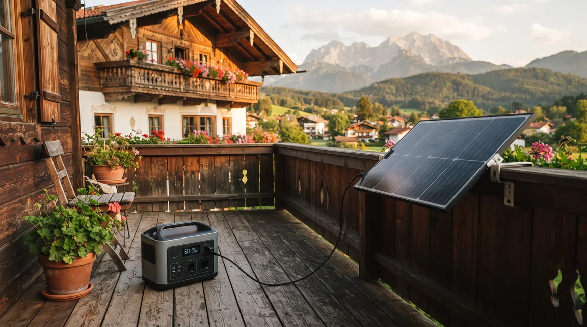 Powerstation und Balkonkraftwerk-Panel auf einem Balkon in Bayern