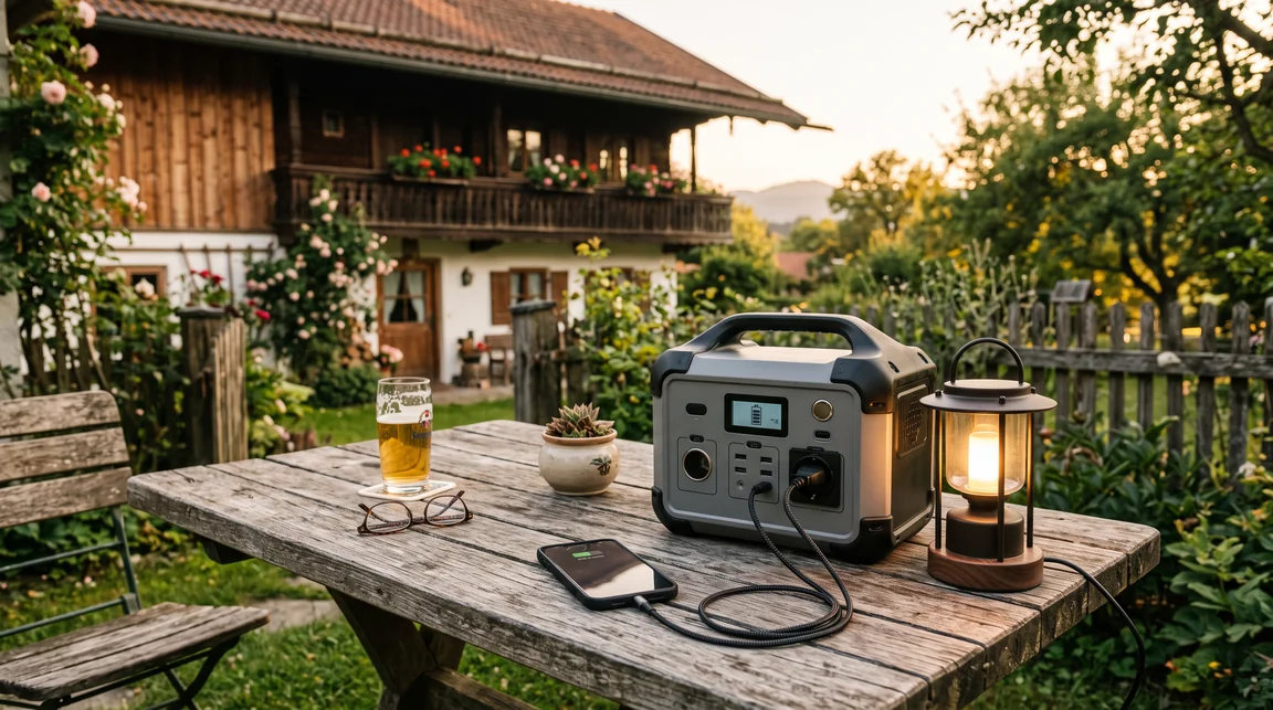 Powerstation auf einem Holztisch im Garten in Bayern