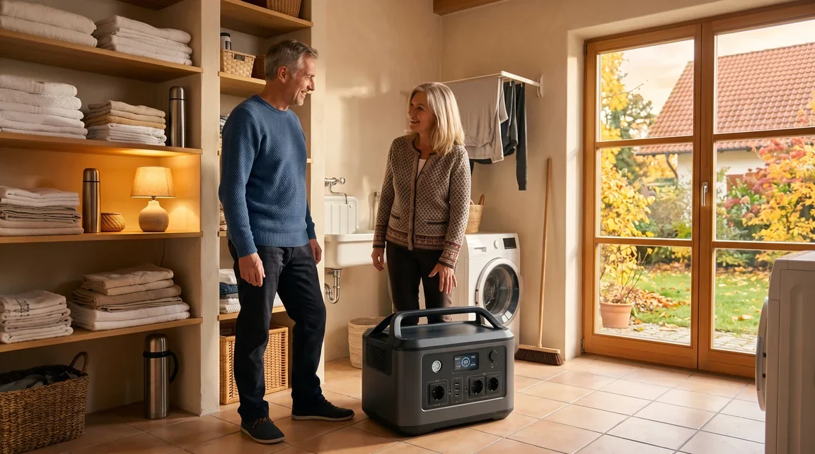Paar neben mobiler Powerstation im Hauswirtschaftsraum eines bayerischen Hauses, in warmem Nachmittagslicht