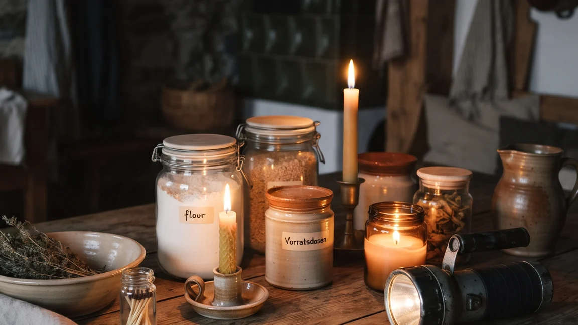 Checkliste für Stromausfall mit Vorrat, Taschenlampe und Kerzen auf einem Holztisch