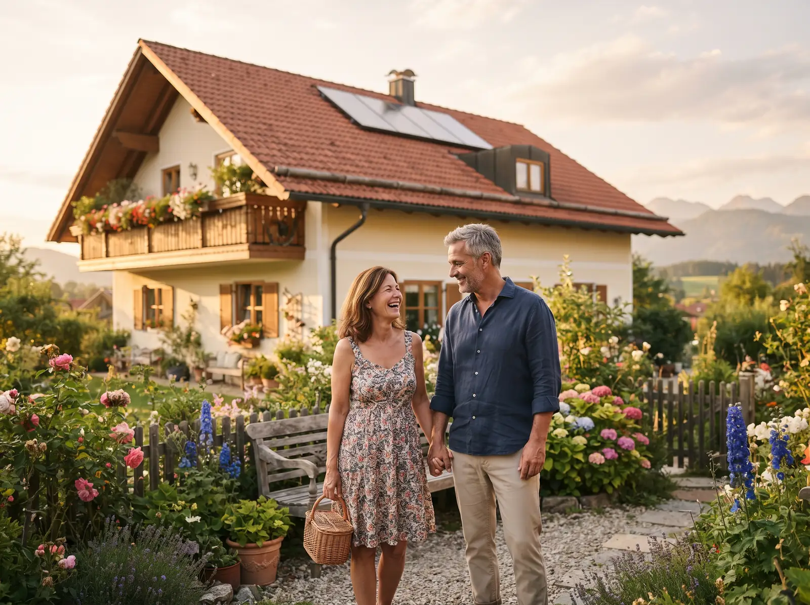 Einfamilienhaus in Bayern, Ausgangspunkt für die Vorino Energieberatung, mit PV-Anlage und Paar im Garten.
