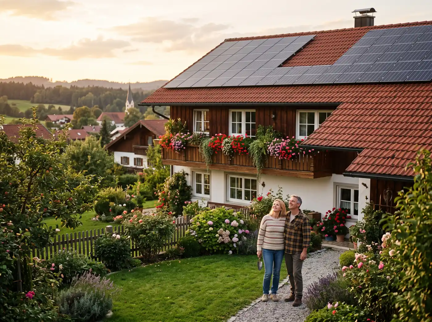 Einfamilienhaus mit Ziegeldach, teils mit schwarzen Solarmodulen, Holzbalkon mit Blumen, Paar schaut im Garten zum Dach.
