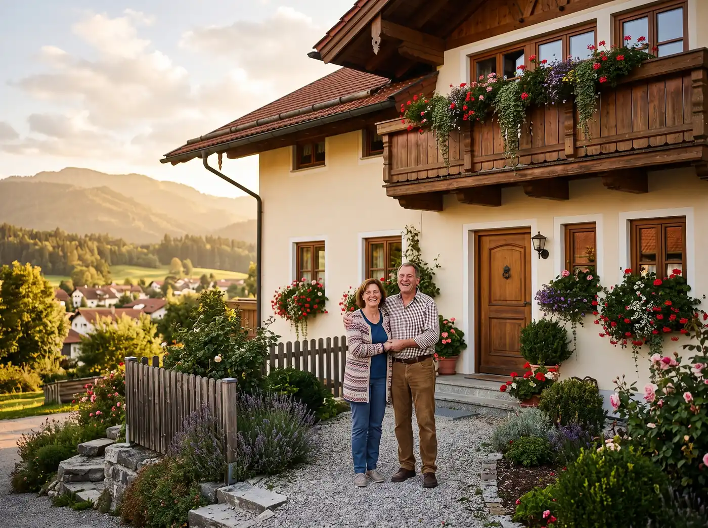 Frisch saniertes bayerisches Haus mit cremefarbener Fassade, Holzfenster mit Blumenkästen, Paar davor.