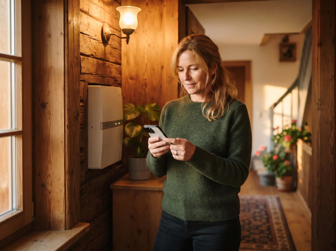 Frau im Holzflur prüft eine App auf dem Smartphone neben modernem Stromzählerschrank.
