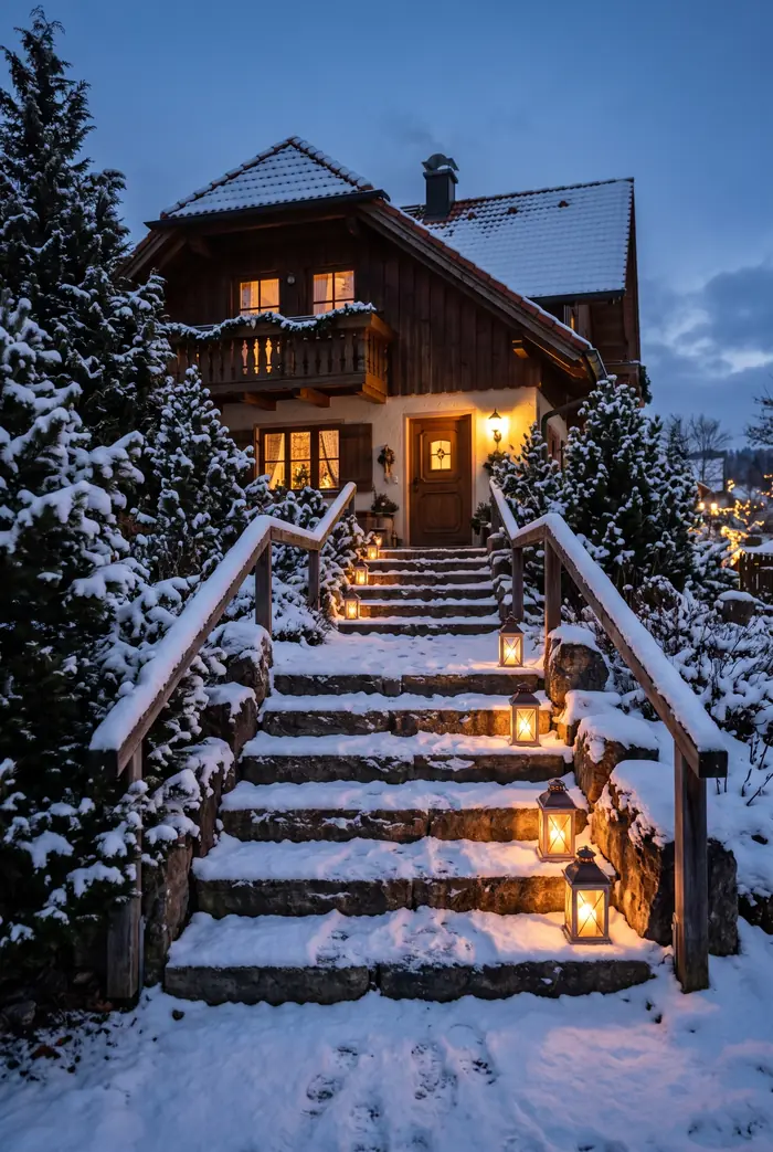 Verschneite Steintreppe eines bayerischen Einfamilienhauses am Abend, mehrere Laternen mit warmem Licht auf den Stufen, ruhige blaue Dämmerung im Hintergrund.