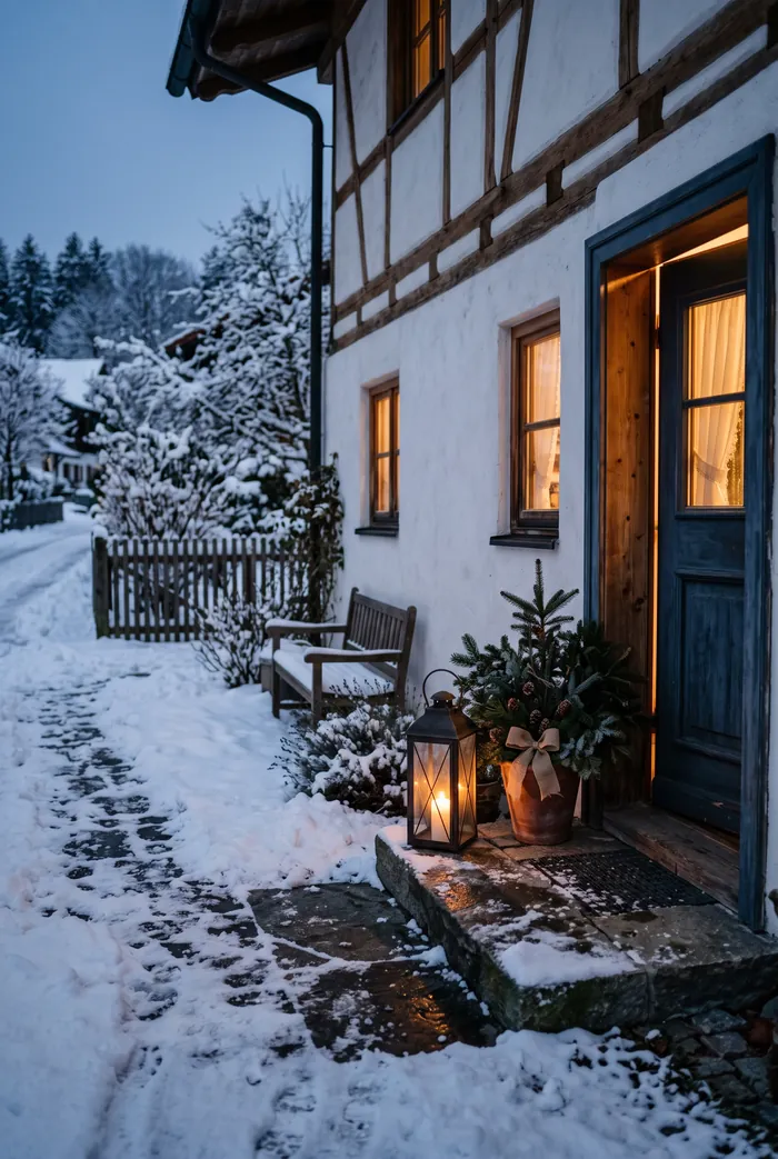 Reduzierte Wintereingang-Deko im Januar, immergrüner Zweig und eine Laterne neben der Tür, verschneiter Vorgarten, ruhige Stimmung.