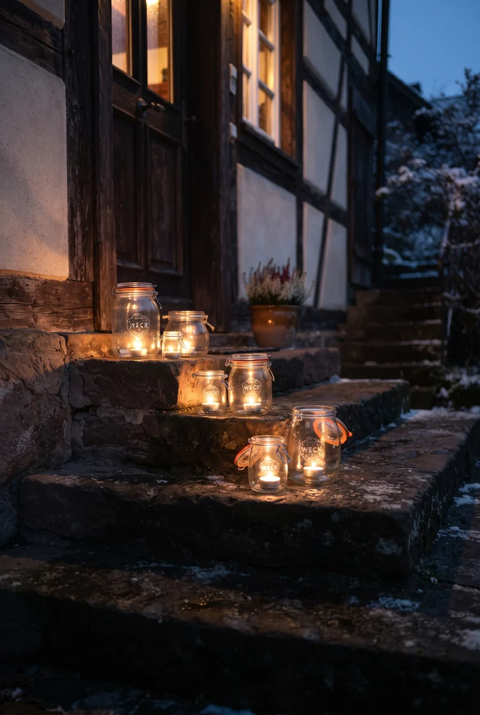 Mehrere Weckgläser mit Teelichtern auf Treppenstufe, warmer Schein, dunkler Hintergrund, gemütliche Winterstimmung.