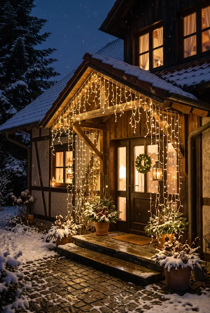 Vordach eines Einfamilienhauses mit herabhängendem Lichtervorhang, warmer Lichtregen, dunkler Winterabend.