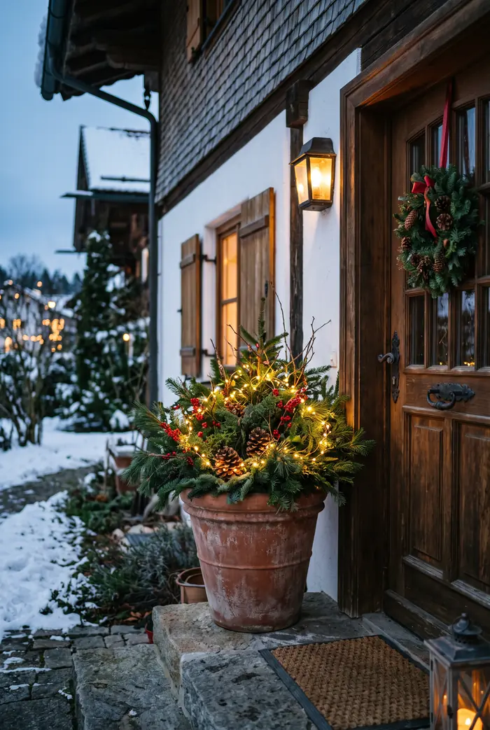 Großer Terrakotta-Kübel mit Tannengrün und Zapfen neben einer Haustür, warme Lichterkette hindurchgeflochten, Abendlicht, bayerisches Haus.