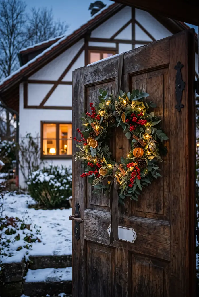 Natürlicher Winterkranz aus Eukalyptus und Beeren an einer Holztür, dezente warme Lichter durchscheinend, gedämpftes Abendlicht.