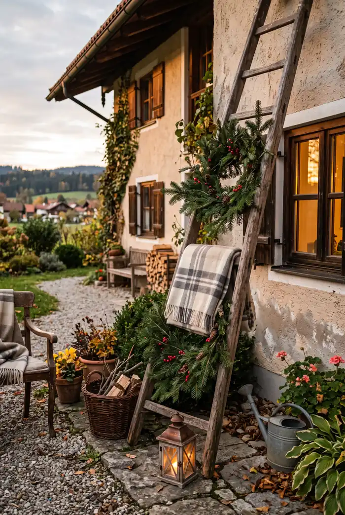 Alte Holzleiter an Hauswand gelehnt mit Tannenzweigen und Wolldecke, kleine Laterne davor, warmes Abendlicht, ländliches Ambiente.