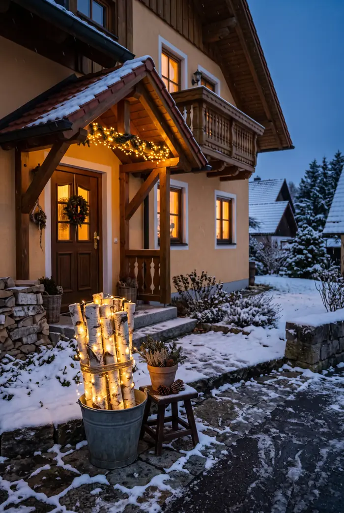 Bündel Birkenstämme in Eimer neben Haustür, feine warme Lichterkette umwickelt, dunkler Winterabend, bayerisches Einfamilienhaus.