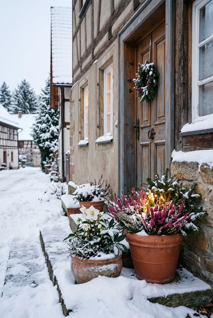 Töpfe mit Christrose und Heide neben Haustür im Schnee, kleines warmes Licht im Topf, ruhige Winterstimmung.