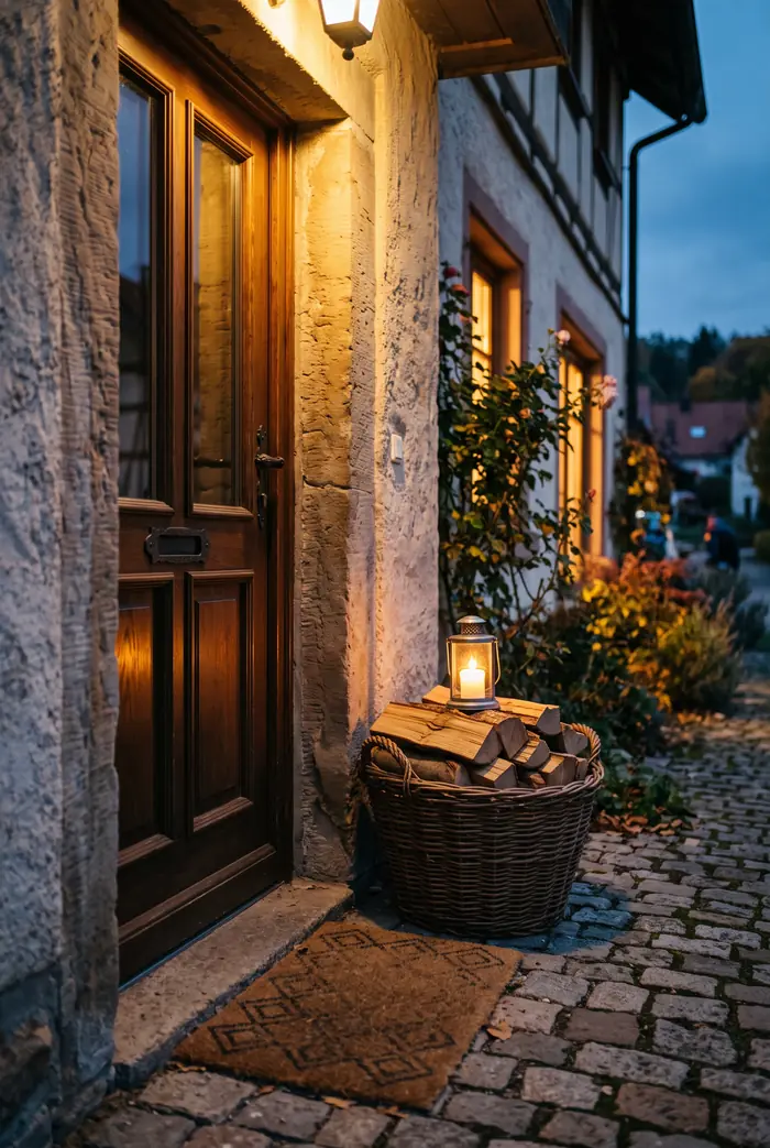 Geflochtener Korb mit Holzscheiten und Fußmatte vor Haustür, kleines Windlicht mit warmem Schein obenauf, Dämmerlicht.