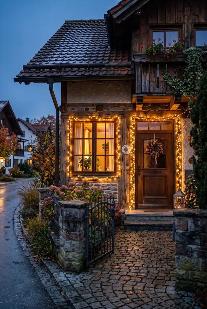Fenster neben Haustür mit warmer Lichterkette am Rahmen, Blick von der Straße bei Dämmerung, bayerisches Haus.