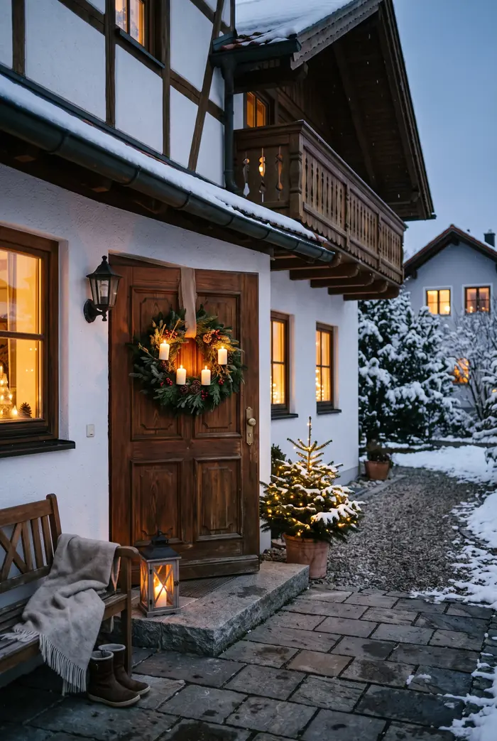 Bayerisches Einfamilienhaus, Haustür mit Adventskranz aus Tannenzweigen, vier warmweiße Kerzen, sanftes Abendlicht, gemütliche Stimmung.