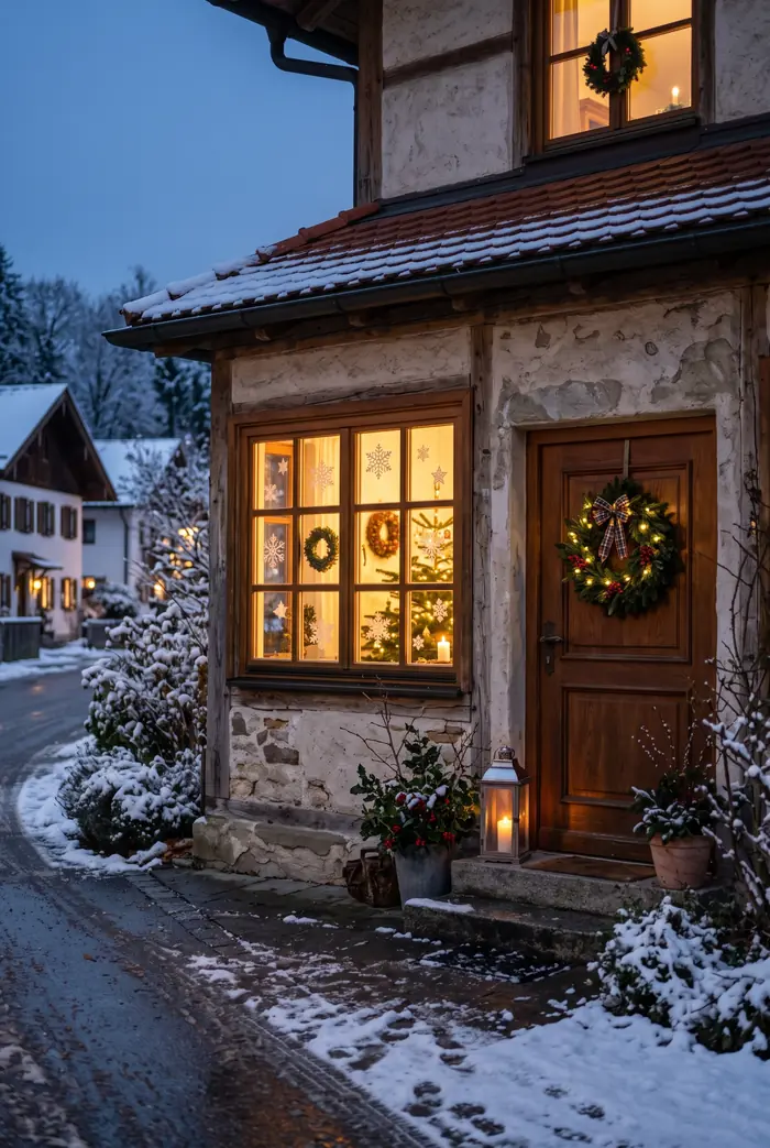 Fenster neben einer Haustür mit weißen Schneeflocken-Fensterbildern, warmes Licht von innen, Blick von der Straße bei Dämmerung.