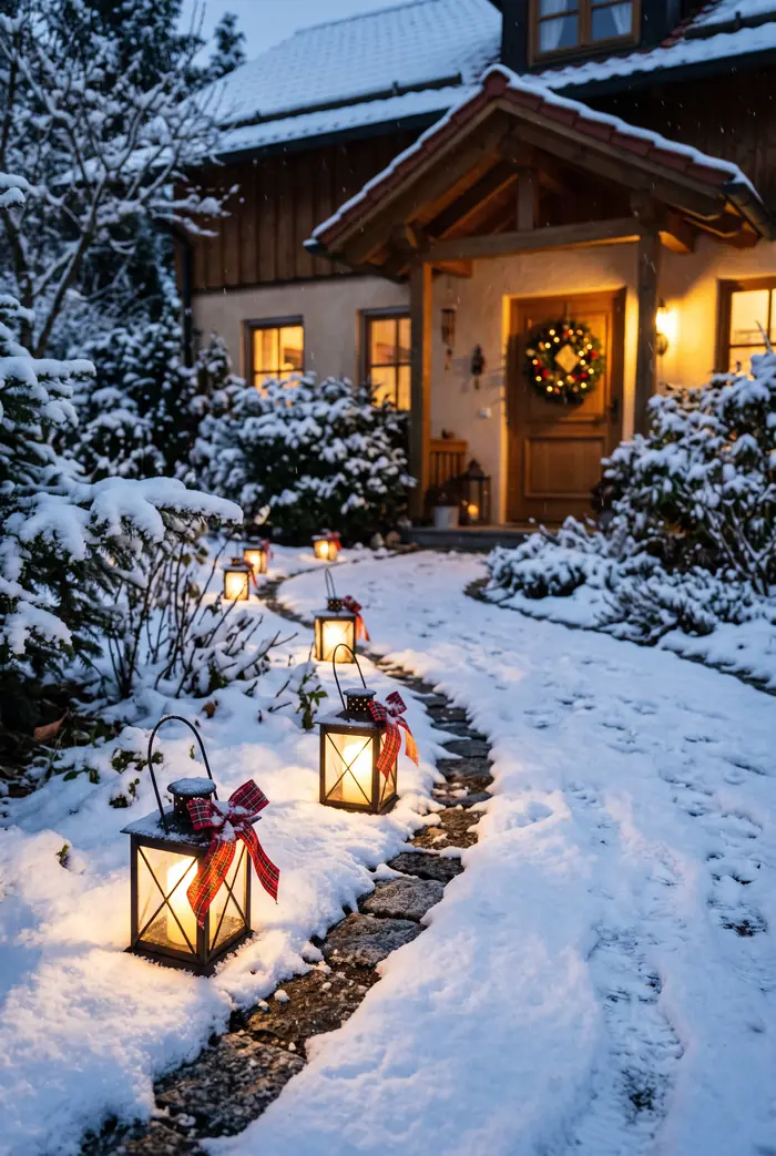 Gartenweg zu einem Einfamilienhaus mit kleinen Solarlaternen am Rand, Winterabend, warmes Licht, ruhige Stimmung.
