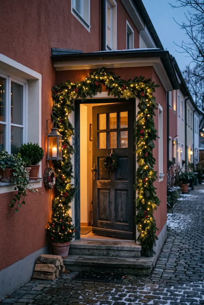 Türrahmen eines Reihenhauses mit Tannengirlande und warmweißer Lichterkette, Dämmerung, ruhige weihnachtliche Stimmung.
