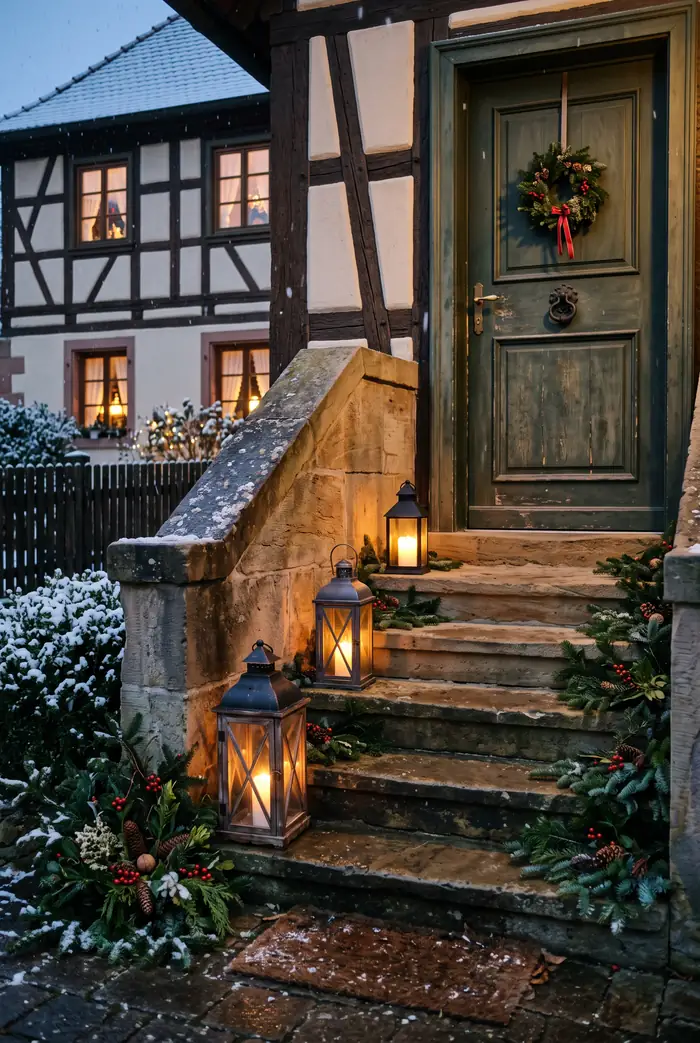 Steinerne Eingangsstufen mit drei Laternen unterschiedlicher Größe, LED-Kerzenlicht, Tannenzweige am Fuß, Winterabend.