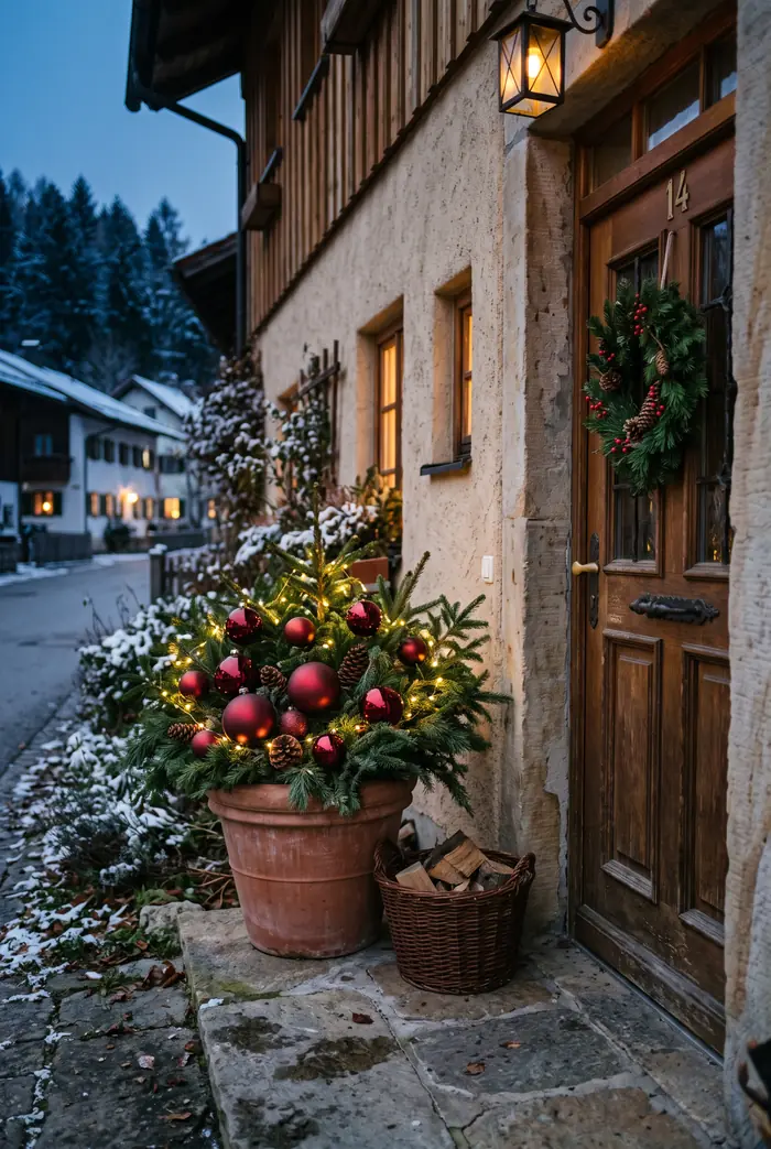 Pflanzkübel neben Haustür mit Tannenzweigen und großen roten Weihnachtskugeln, dezentes Licht, Dämmerung.