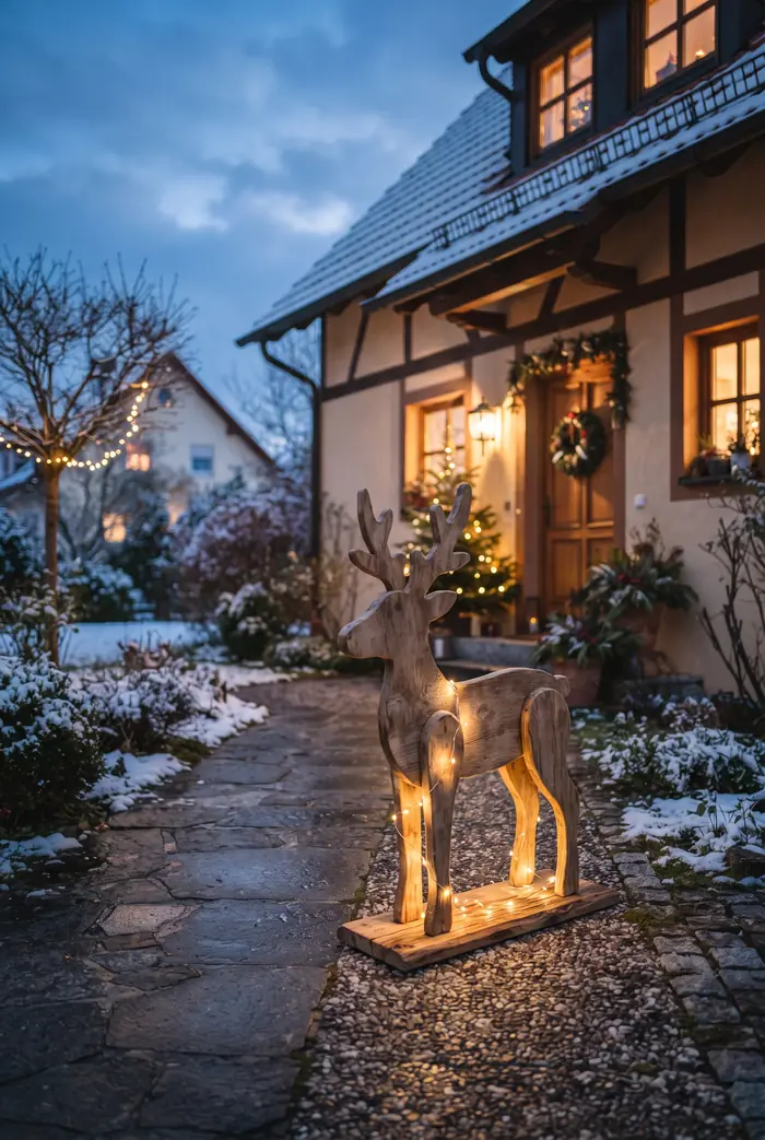 Holzfigur eines Rentiers am Wegrand vor einem Einfamilienhaus, dezente Lichterkette am Sockel, Winterabend.