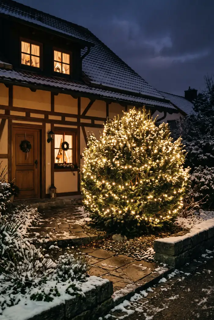 Immergrüner Busch im Vorgarten eines Hauses, dicht mit warmweißer Lichterkette umwickelt, dunkler Winterabend.