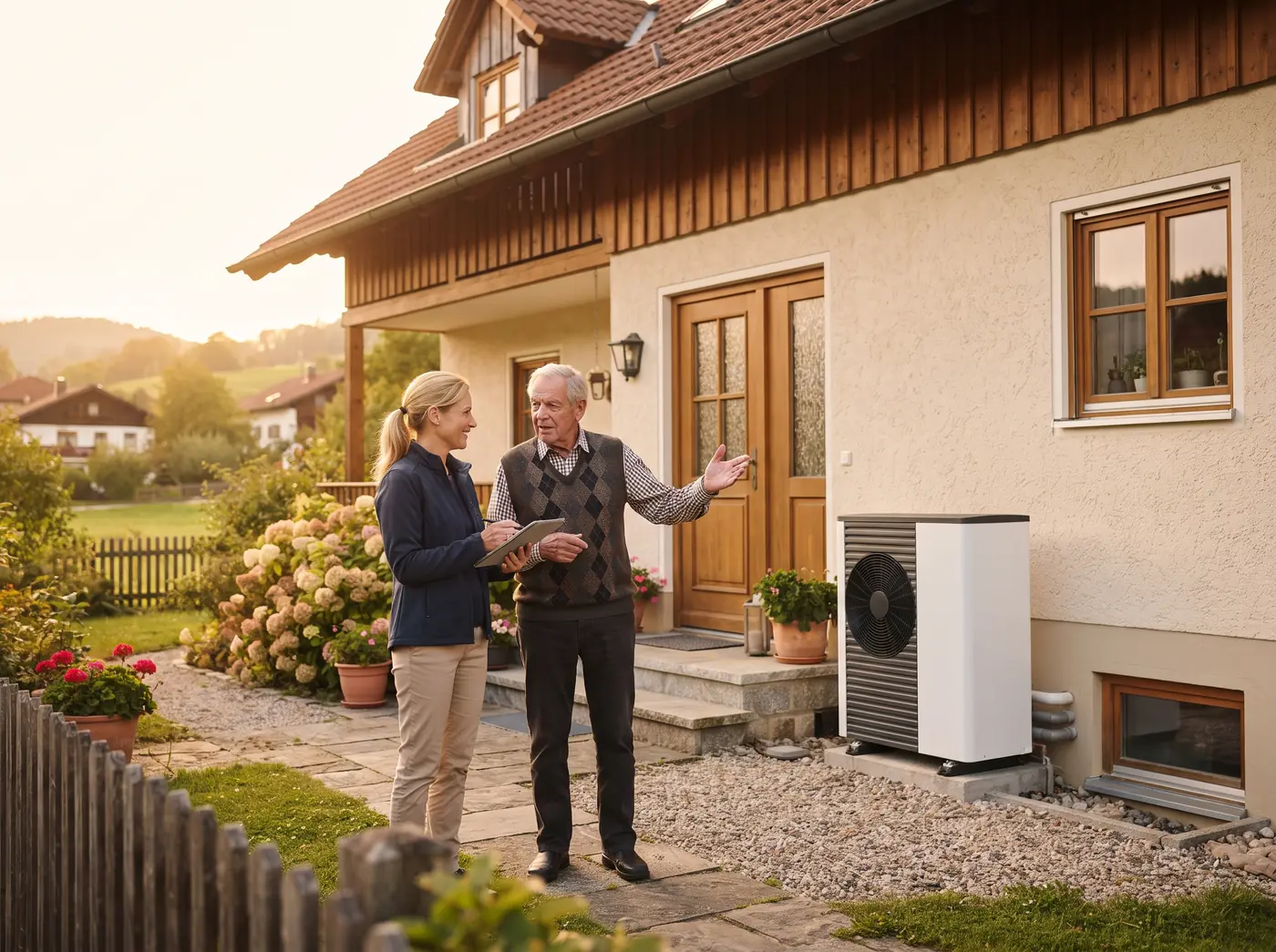 Wärmepumpe Altbau: Haus aus den 1960ern mit neuer Wärmepumpe, Beraterin und Hausbesitzer am Eingang.