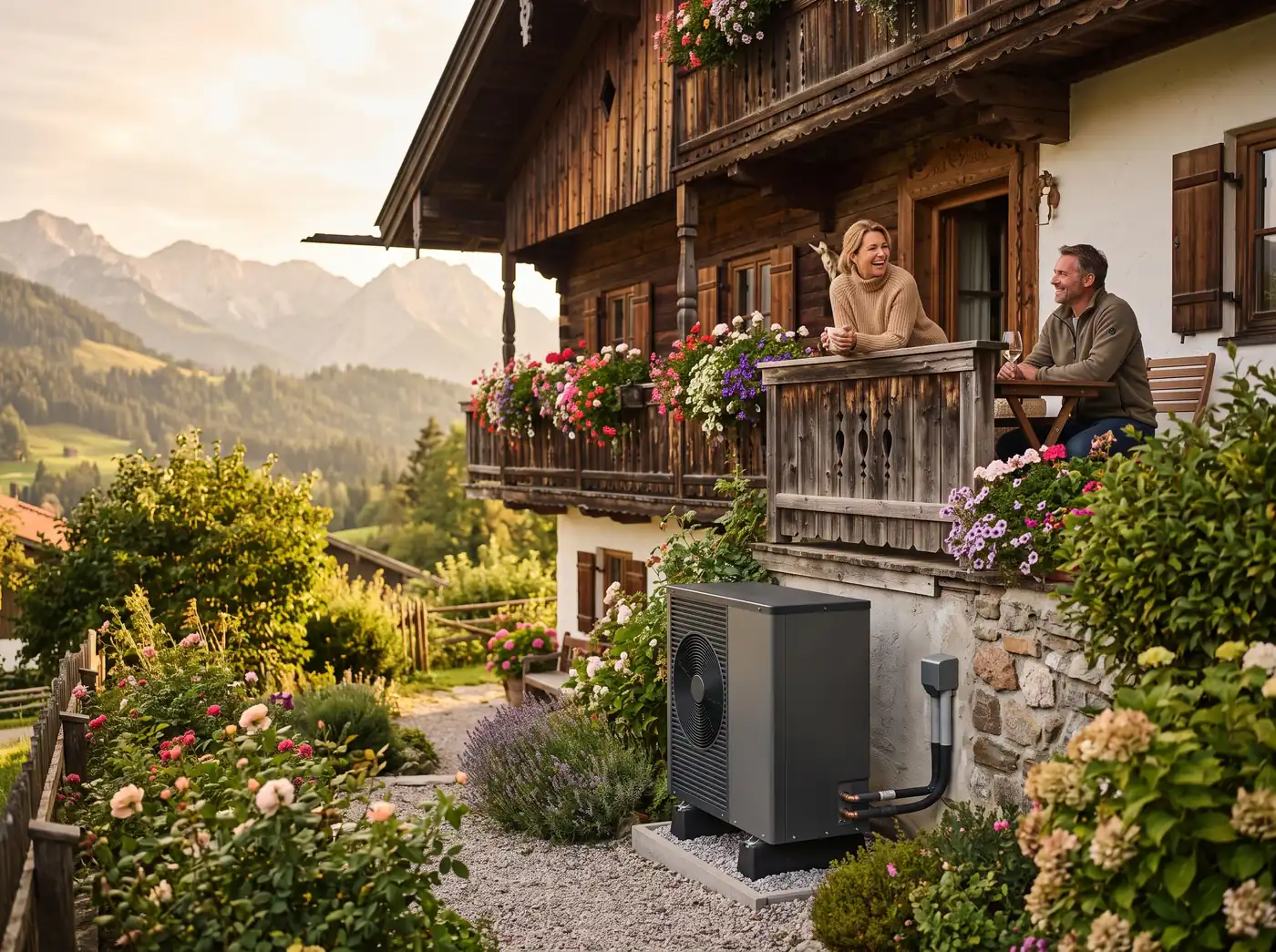 Wärmepumpe neben Einfamilienhaus im Landhausstil mit Holzbalkon, im Hintergrund die Voralpen.