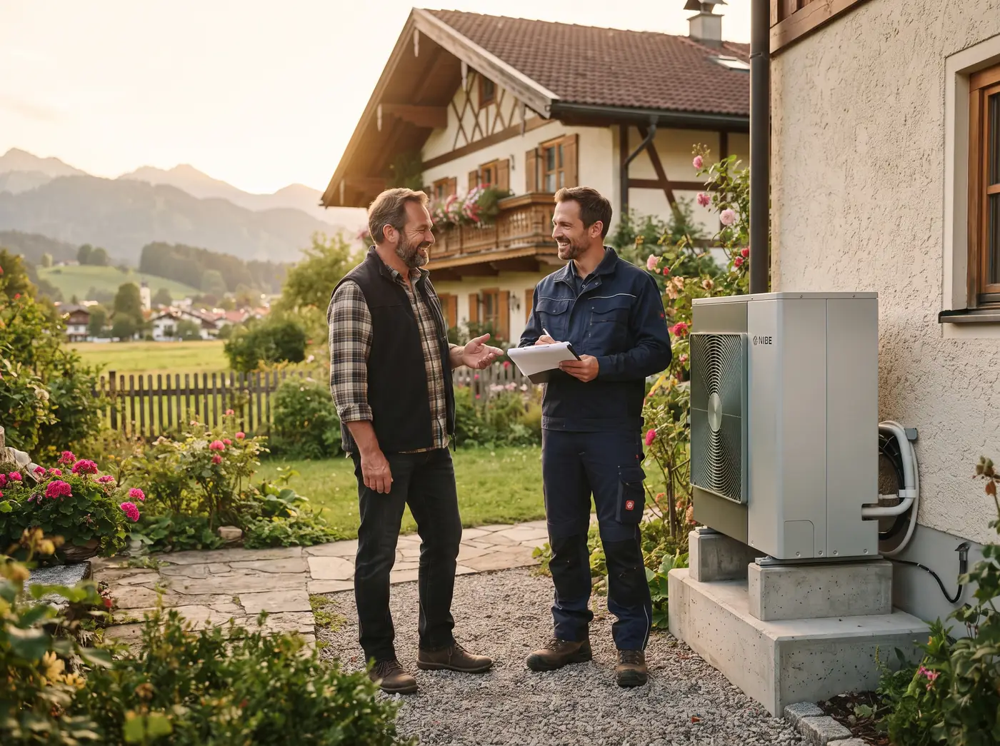 Wärmepumpe Kosten 2026: Hausbesitzer und Installateur mit Klemmbrett neben der Anlage am Haus.