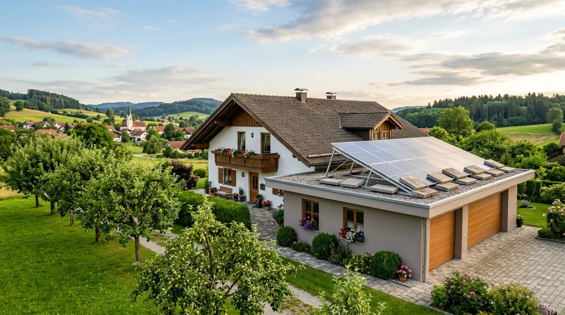 Balkonkraftwerk auf einem Garagen-Flachdach mit Aufständerung bei einem Haus in Bayern.