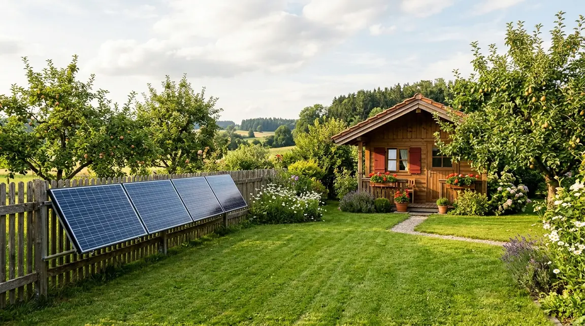 Balkonkraftwerk an einem Holzzaun im Garten mit Gartenhaus, Wiese und Obstbäumen in Bayern.