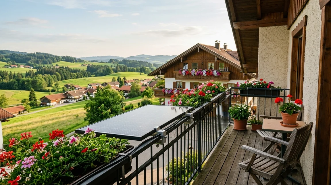 Balkonkraftwerk an einem Metallgeländer auf einem Balkon in Bayern, mit Klemmhalterungen befestigt.